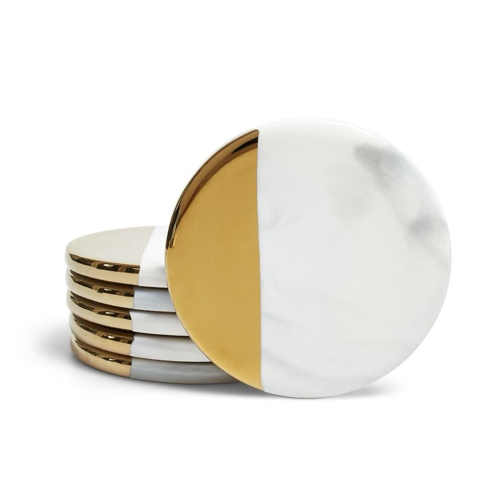 Luxury Gray And White Marble Gold Accent Round Beverage Coasters - Set Of 6